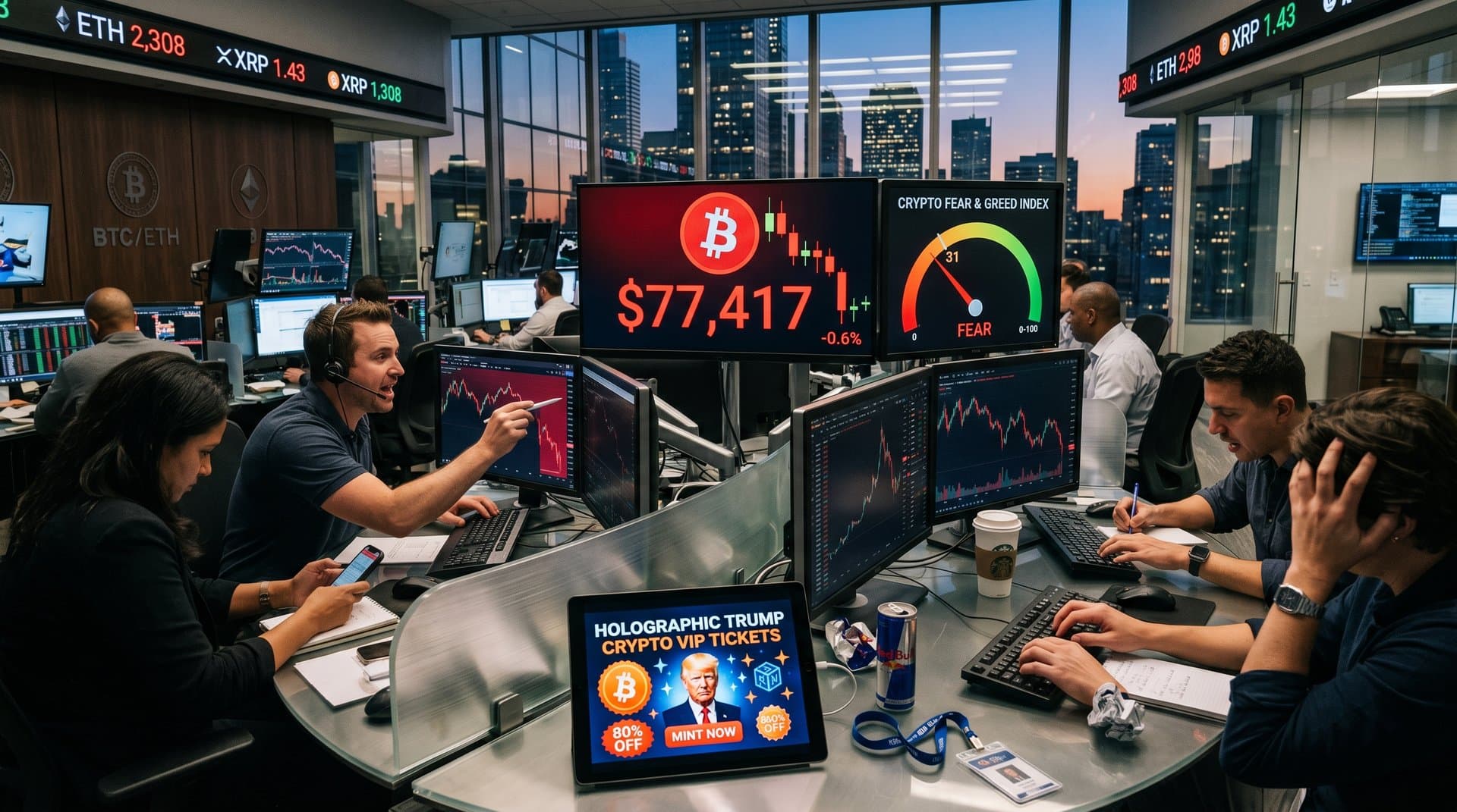 Traders monitor crypto prices, Fear & Greed Index, and Trump crypto VIP ticket discounts on screens in busy trading floor