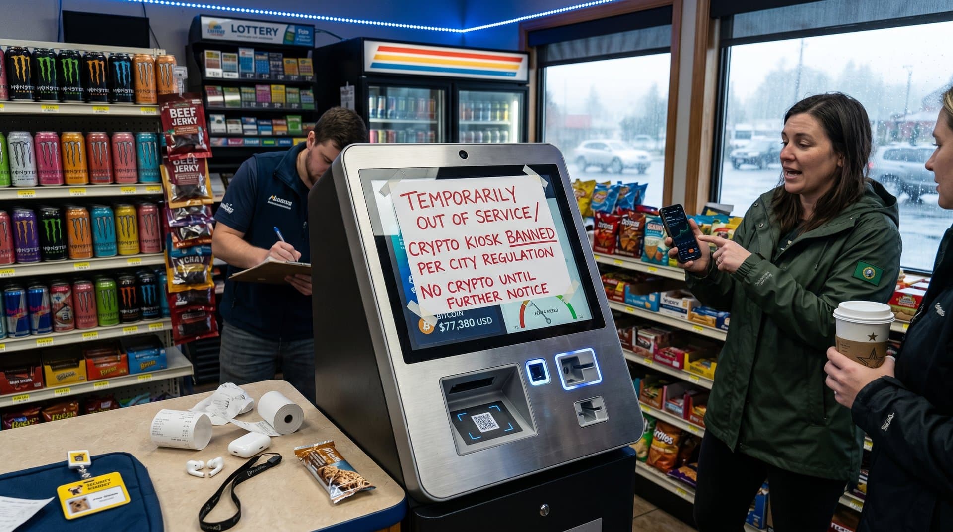 Crypto kiosk banned in Anacortes store with BTC $77k chart and fear index on screen