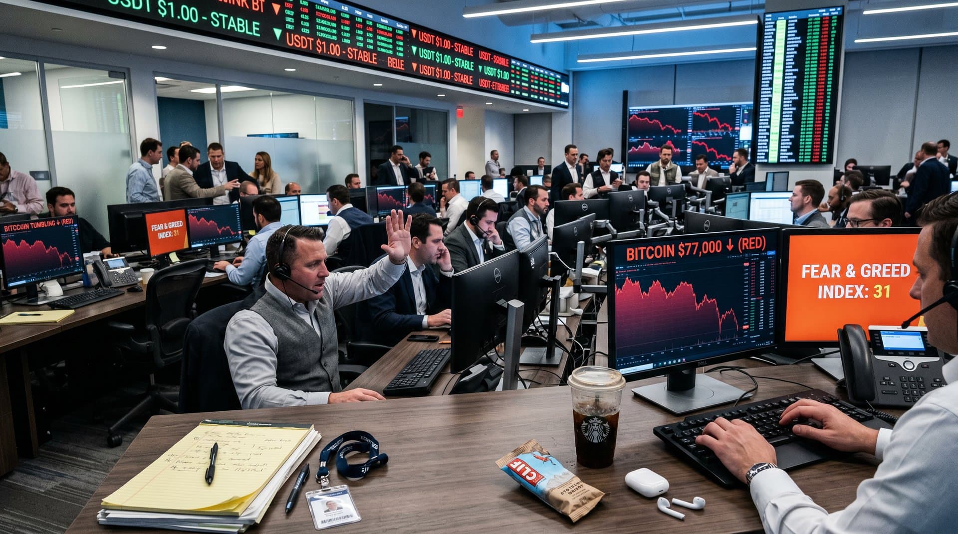 Crypto trading charts on terminals show Fear & Greed at 31, USDT stable at $1.00 amid Bitcoin and market dips