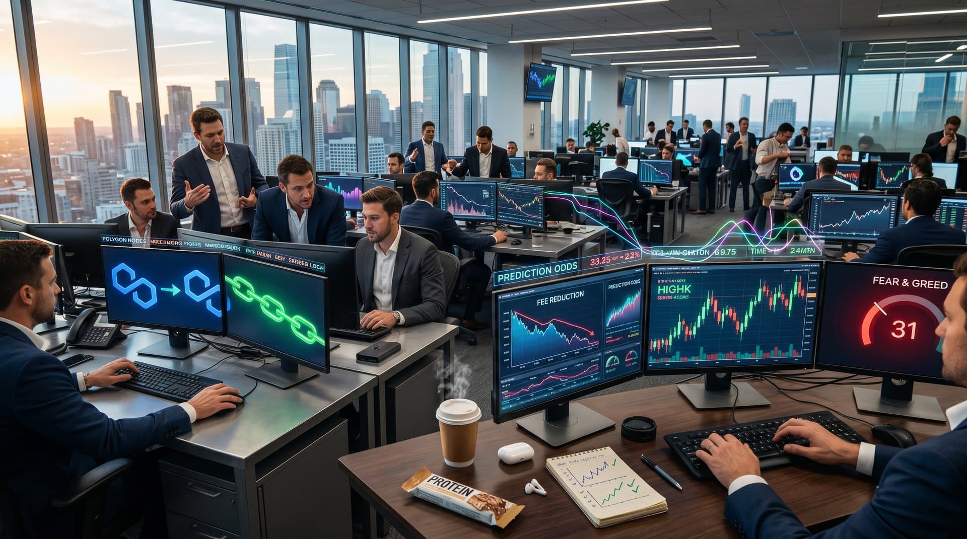 Abstract blockchain migration scene with fee cuts, prediction charts, BTC at $77K, and DeFi networks in cyberpunk style