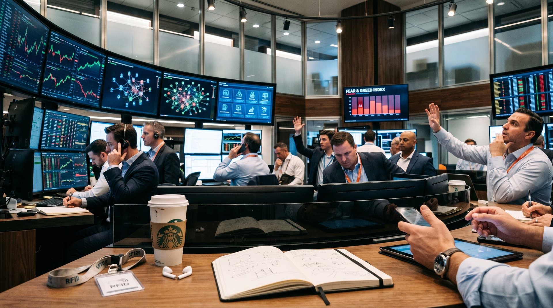 Abstract AI neural networks and crypto charts on banking dashboards showing market fear and reforms