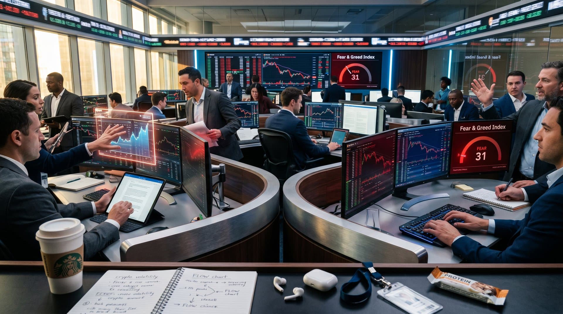 Trading floor with screens showing red FLOW crypto charts, BTC at $77,535, and Fear & Greed at 31 amid market discussion