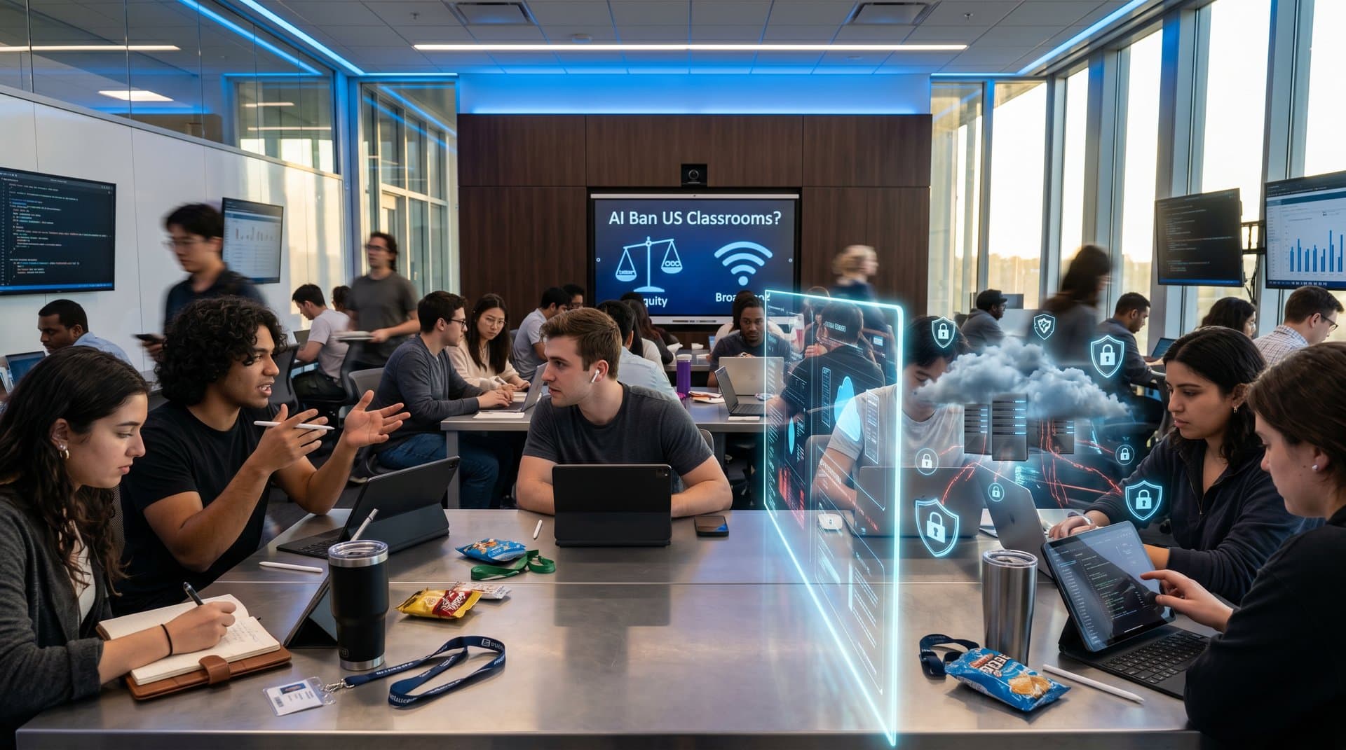 Divided classroom scene symbolizing AI ban debate with secure local tech versus risky cloud data flows