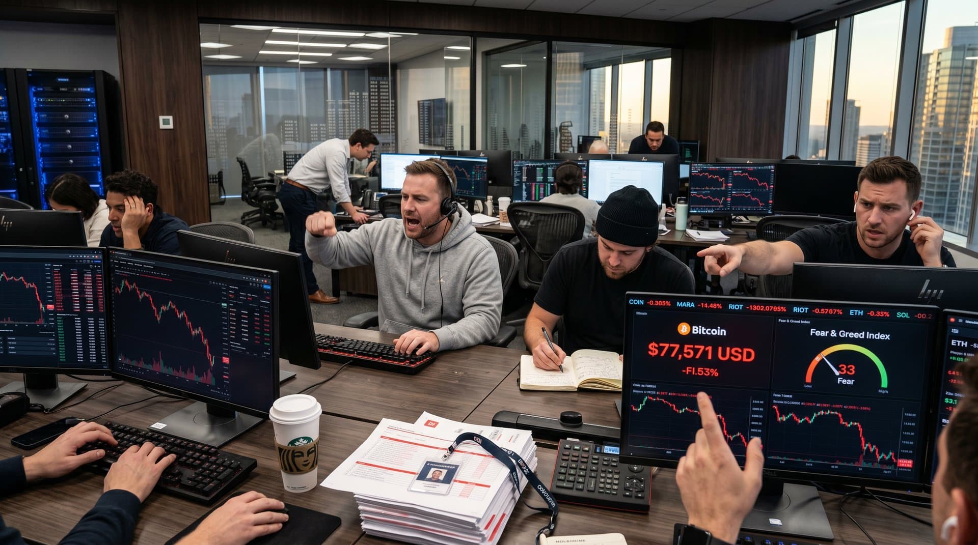 Traders analyze Bitcoin charts and Fear & Greed Index at 33 on monitors amid market volatility reports