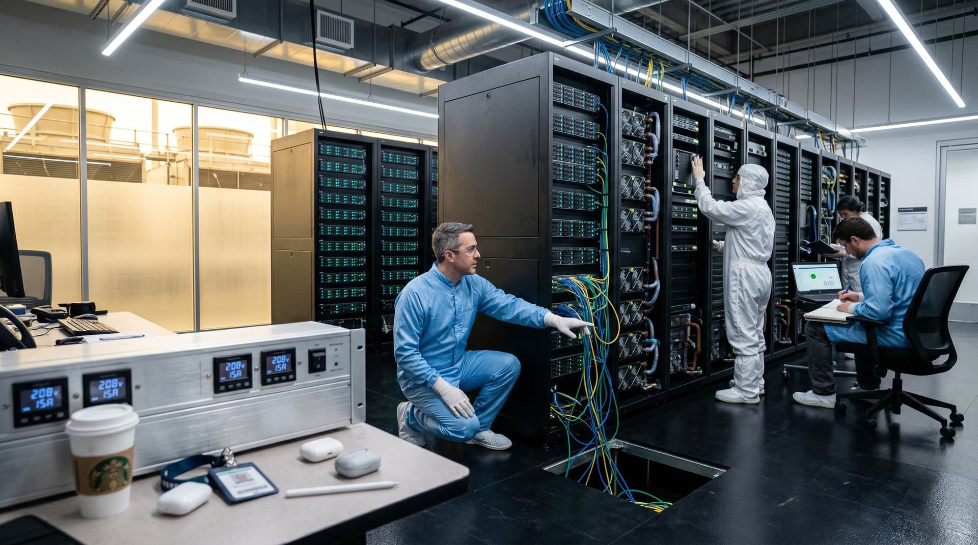 Engineer checks power and cables in high-tech data center with server racks, cooling systems, and energy monitors
