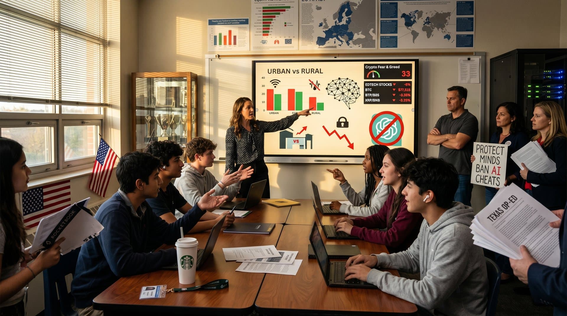 U.S. classroom AI risks, Crypto Fear & Greed Index at 33, edtech caution graphs