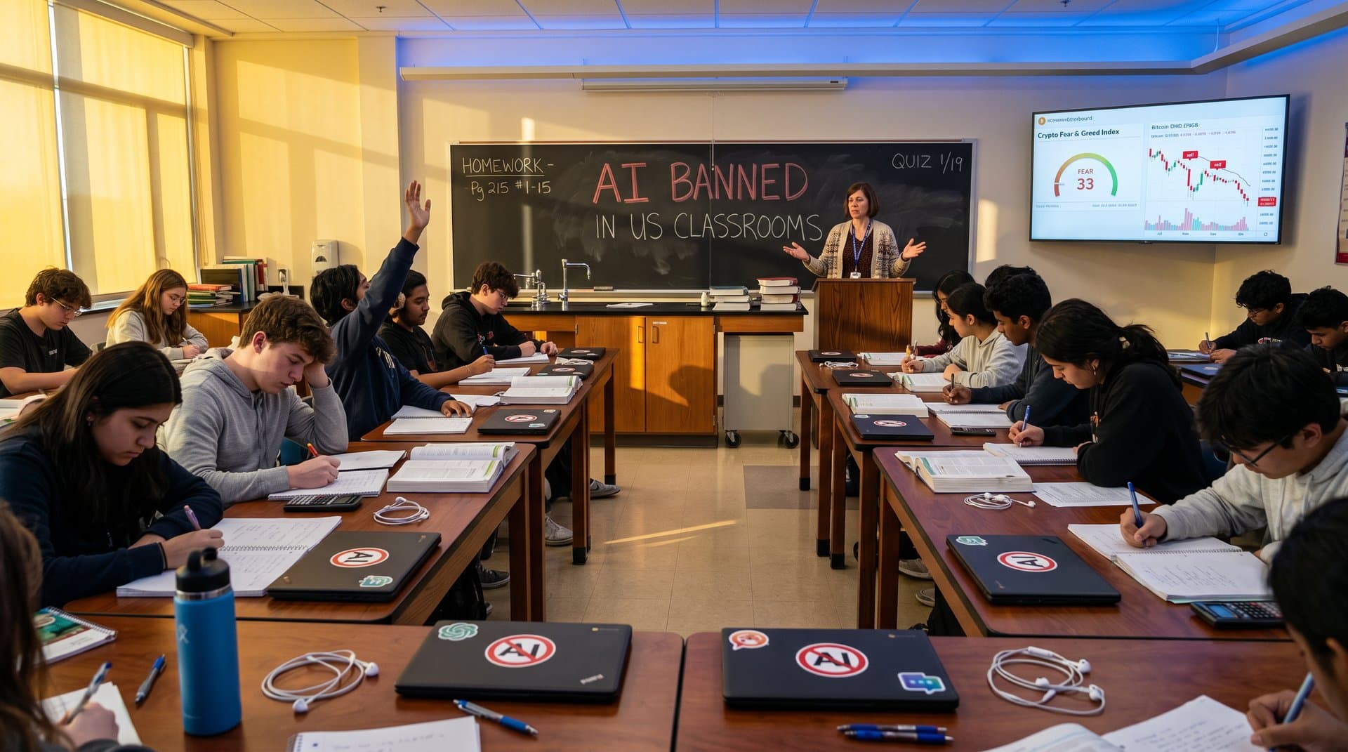 Empty US high school classroom with 'AI Banned' sign on blackboard, laptops marked restricted, wall screen showing Fear & Greed Index at 33 and declining Bitcoin chart to $77K