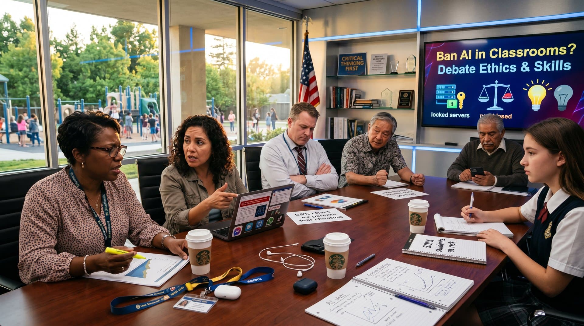 Teachers and parents debate AI in classrooms ban at school board with crossed-out AI tool icons