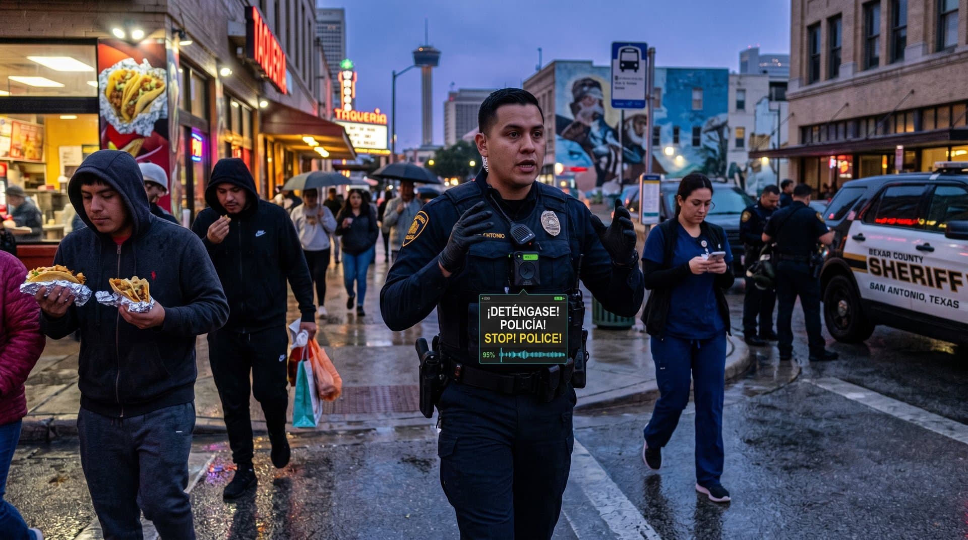 Body cam on uniform shows AI real-time Spanish-to-English translation subtitles on urban street background