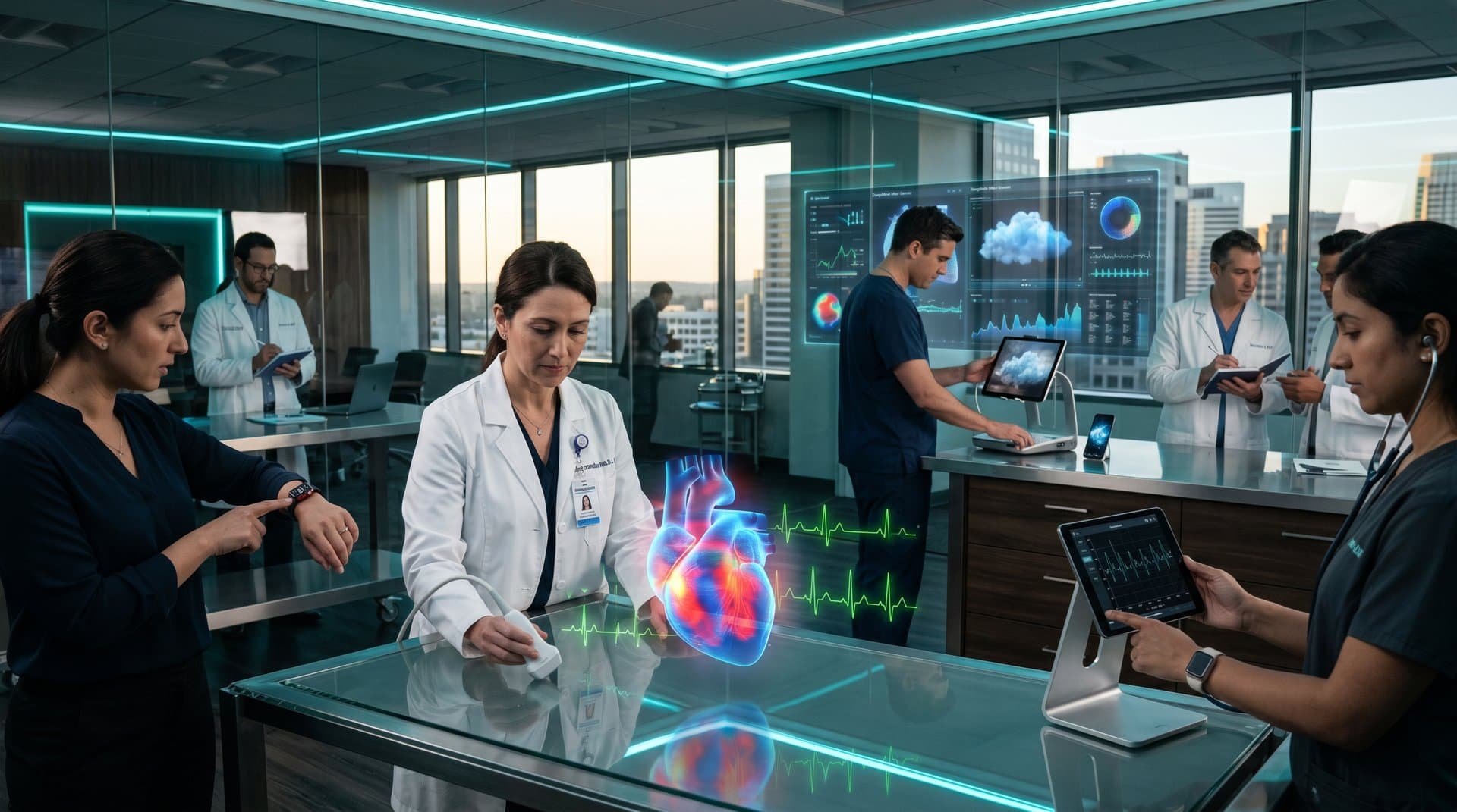 AI-powered heart diagnostic gadgets including ultrasound probe, holographic heart model, smartwatch ECG, and stethoscope in a high-tech clinic