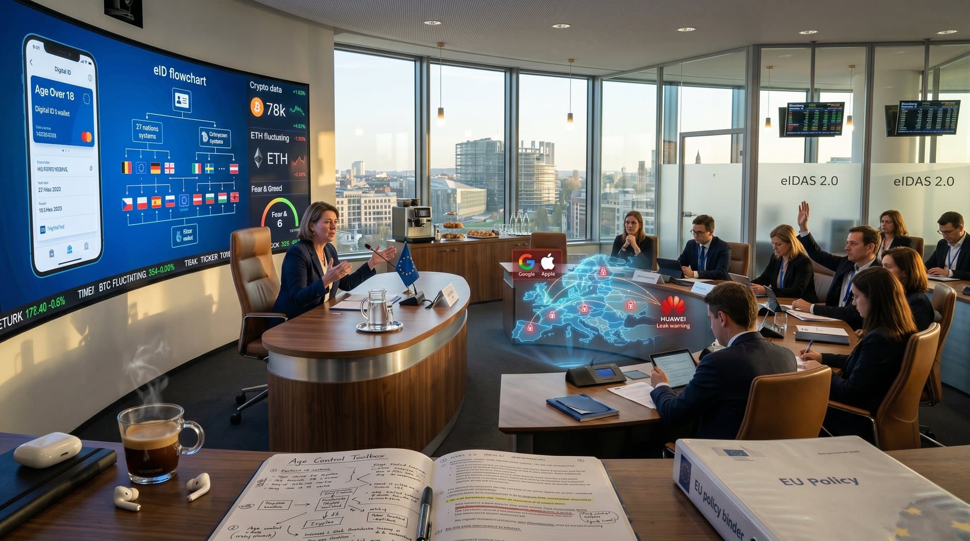 European Commission conference room with digital ID app screens, eID maps, privacy warnings, crypto charts, and EU policy elements in a modern professional setting