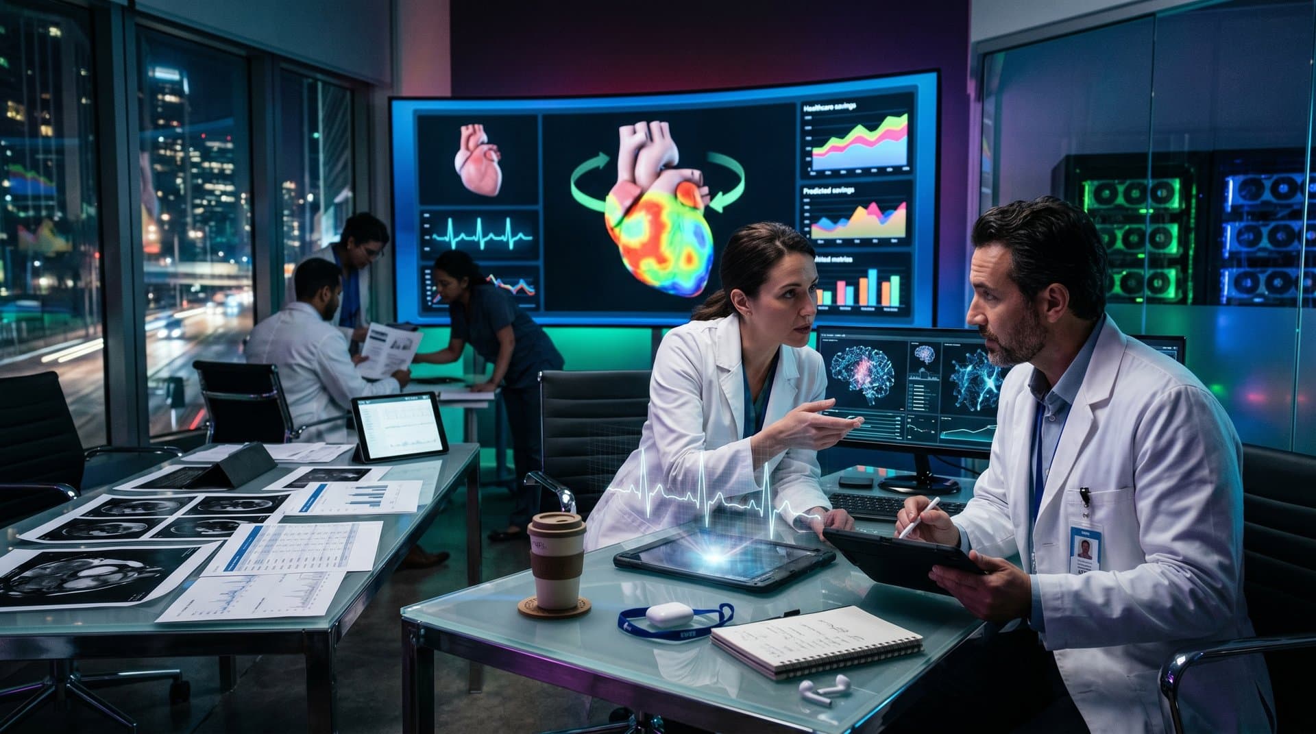 3D heart scans with AI risk overlays in modern cardiology tech lab
