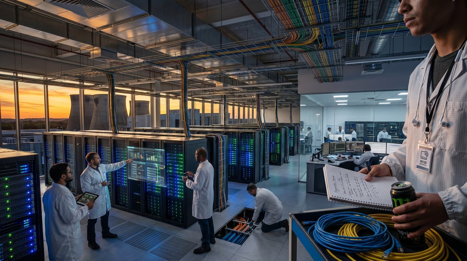 Glowing server racks and exposed cables in a vast data center at sunset, with holographic displays and cooling systems