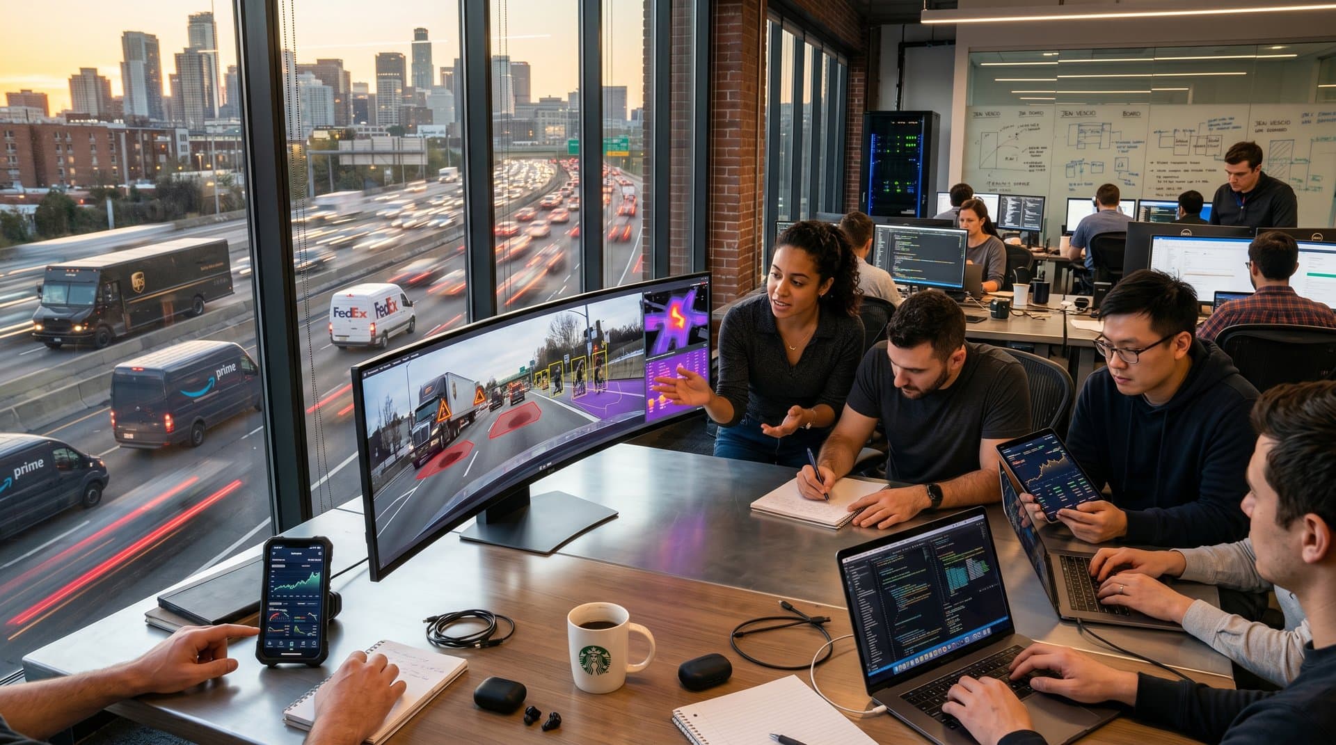 Engineers review AI-analyzed dashcam traffic data in modern office with fleet maps