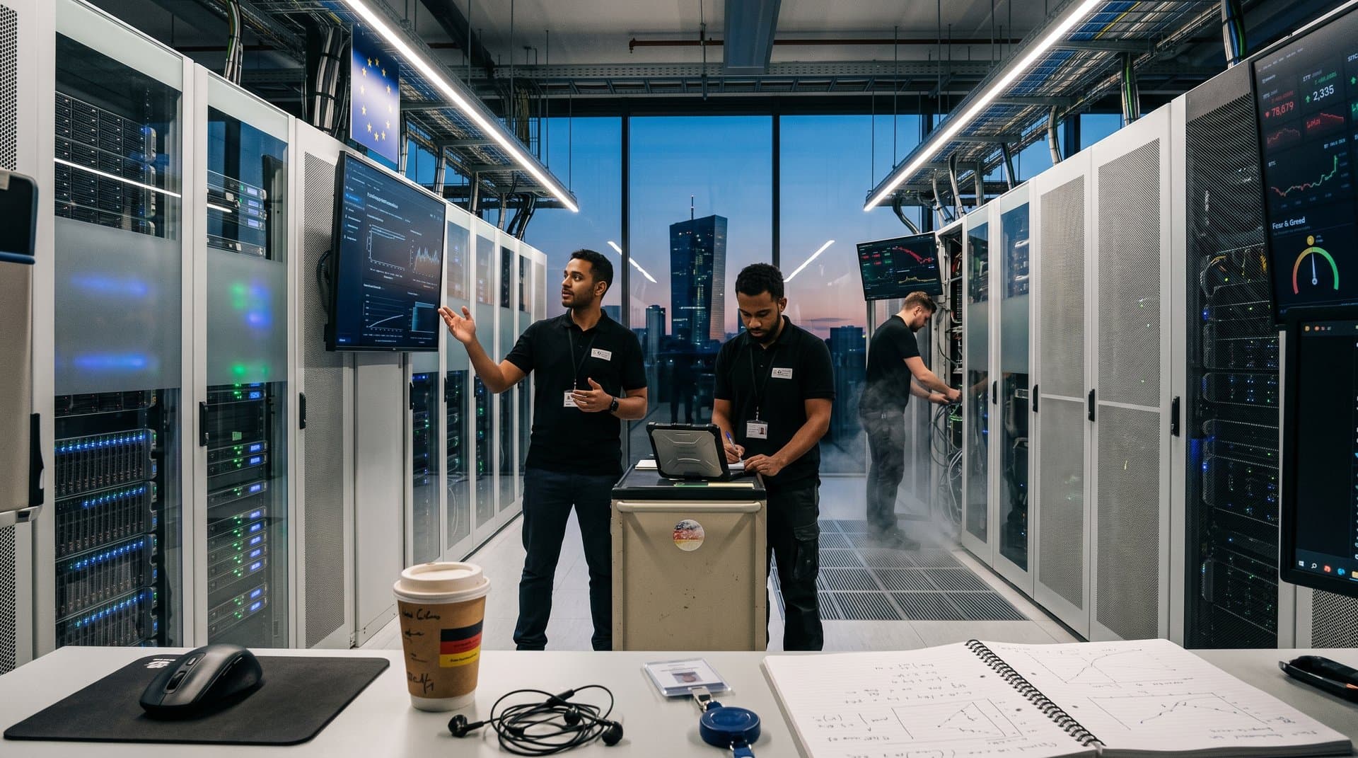 Engineers monitor AI servers in a modern Frankfurt Tier IV data center with raised floors, multi-monitors showing crypto charts, and glowing GPU racks under LED lights