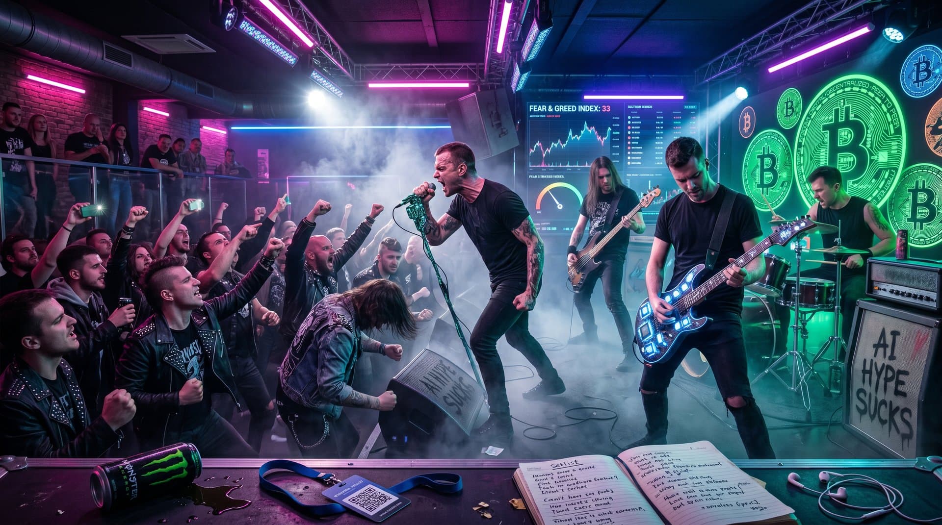 Dubioza Kolektiv performs punk rock AI satire on stage with crypto charts, Fear & Greed Index at 33, and Bitcoin price projected behind