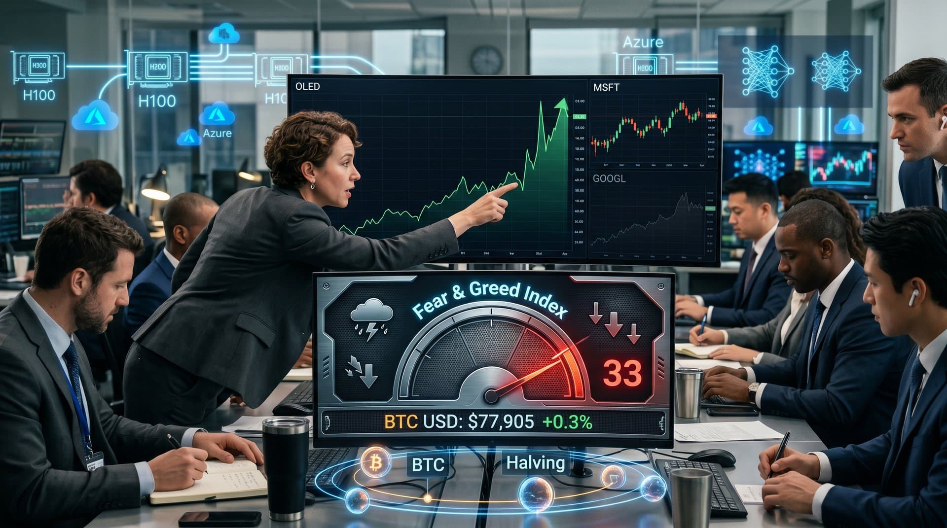Finance dashboard with AI stock charts, Crypto Fear gauge at 33, and Bitcoin price amid neon tech visuals