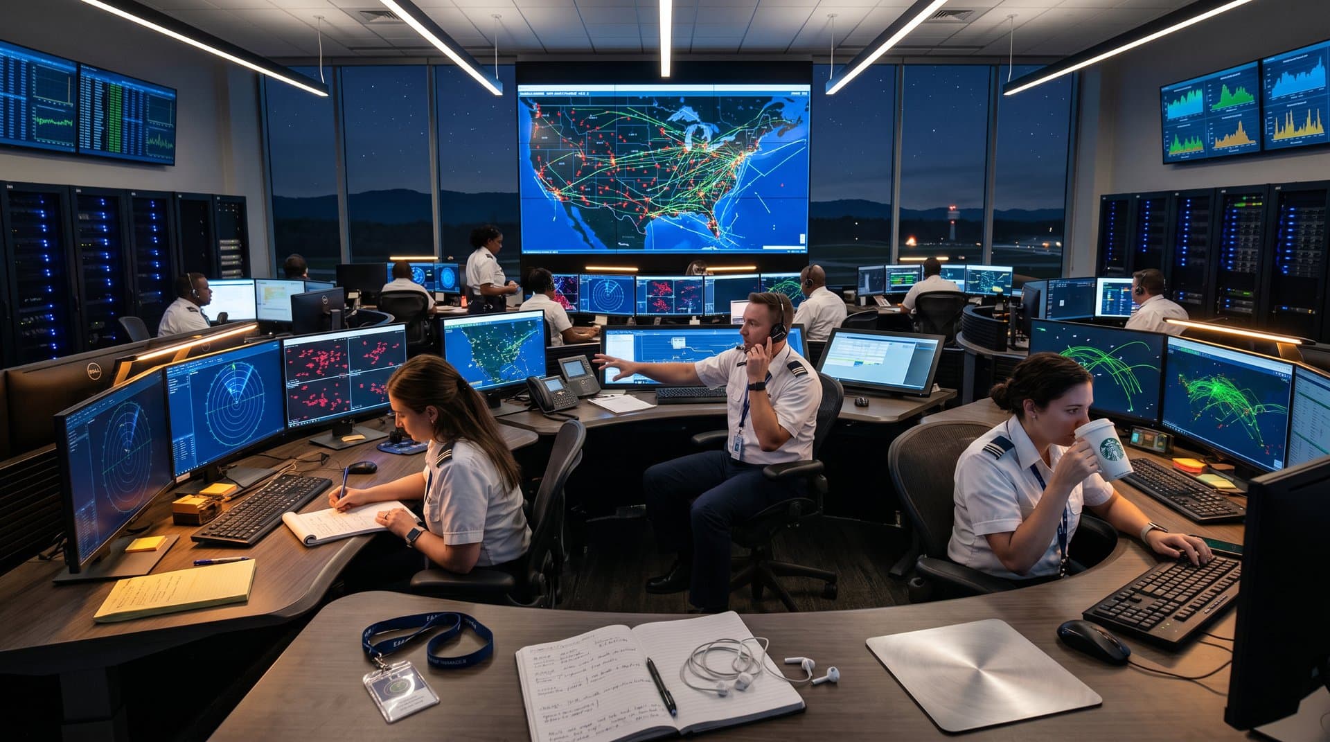 Controllers at multi-monitor desks in FAA command center view AI flight paths on video wall amid team activity