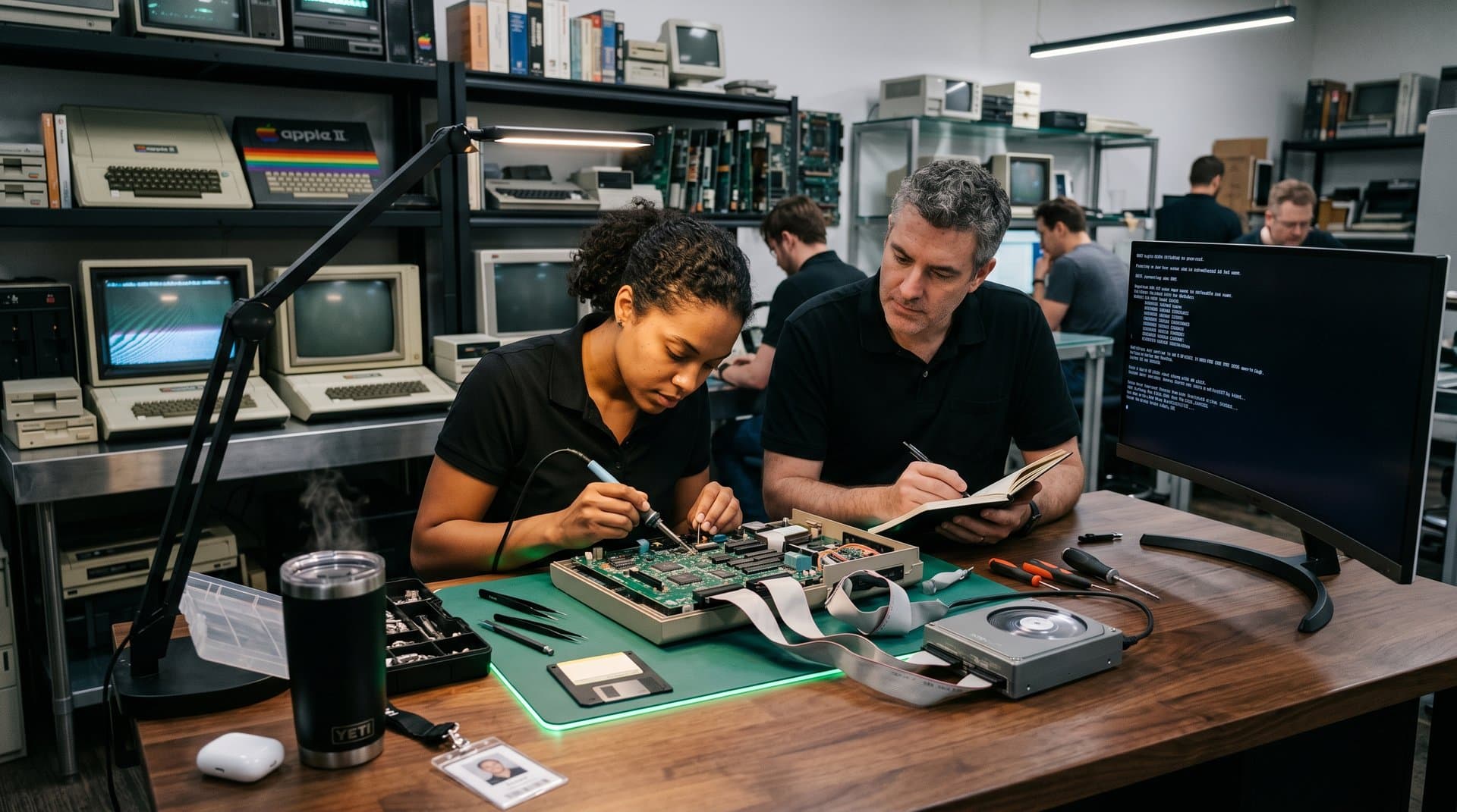 Tech workshop scene with vintage Commodore 900, hard drive connection, and QNX boot screen on monitor amid repair tools
