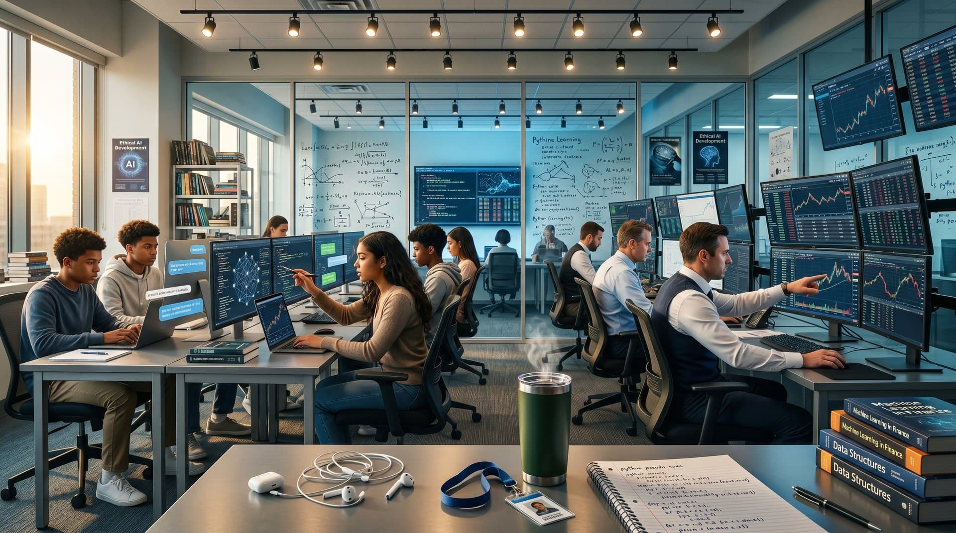 Classroom scene blending into fintech trading desk with AI tools, crypto charts, and students analyzing data