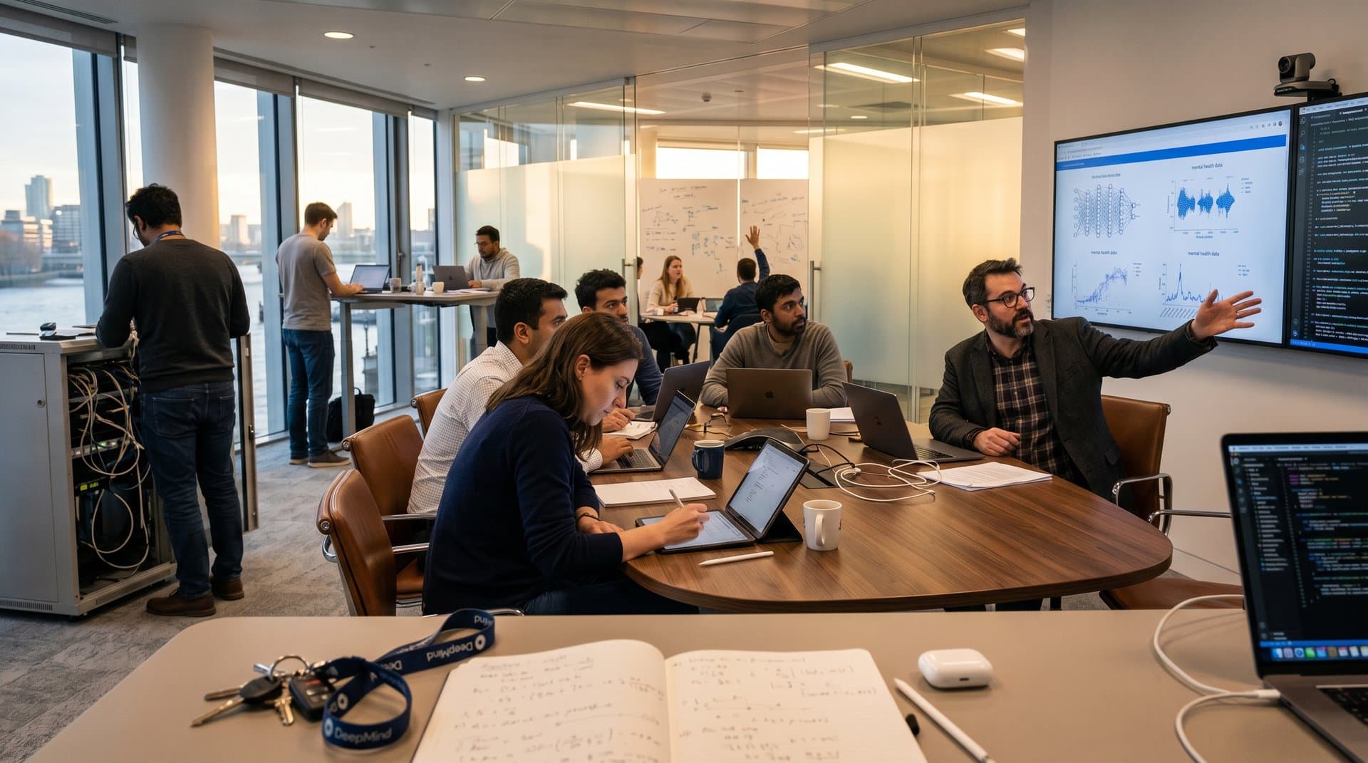 Researchers at Google DeepMind lab collaborate on AI screens with neural nets and data charts amid modern lab setup