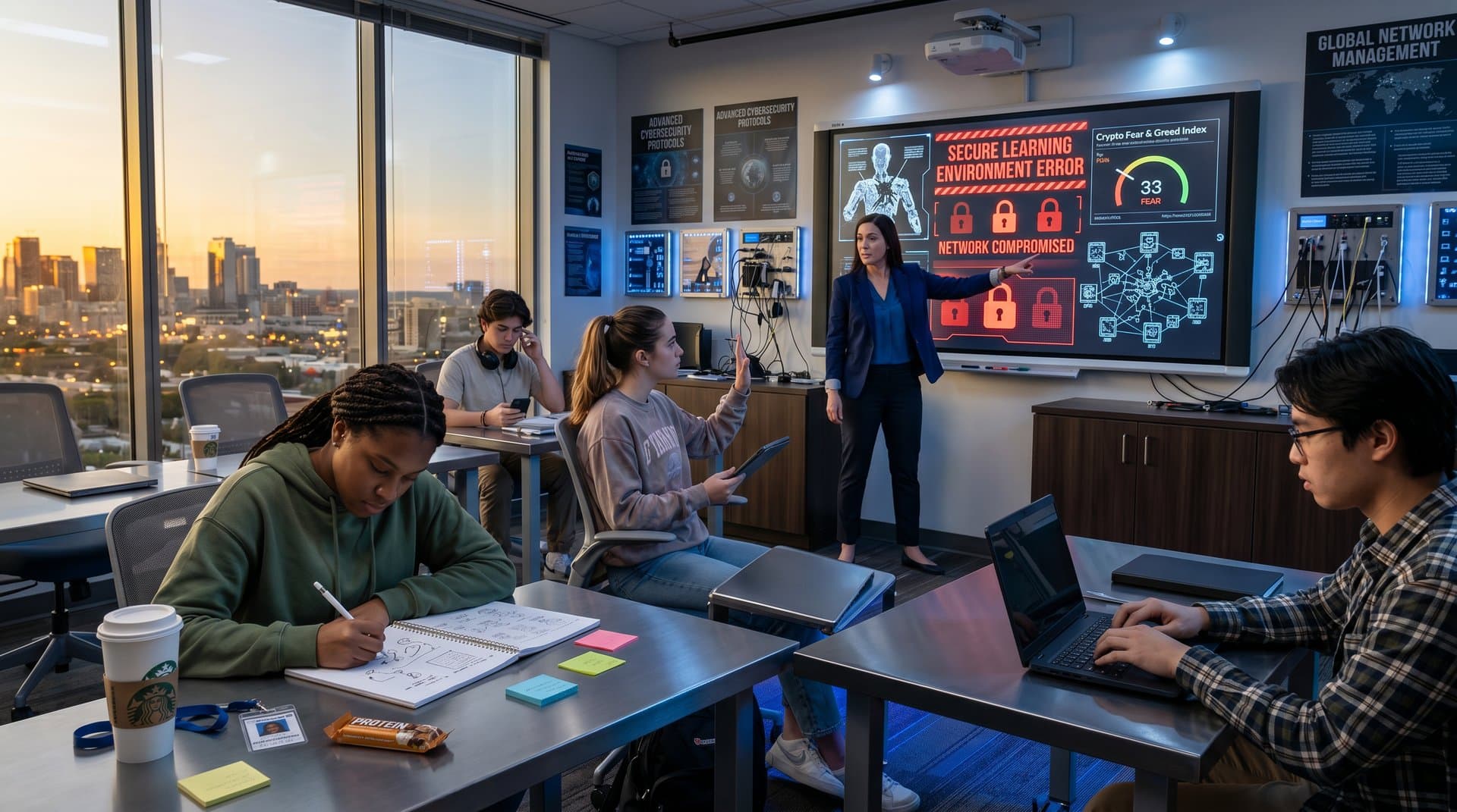 Classroom scene with cybersecurity warnings, AI ban discussion, and crypto charts on smartboard