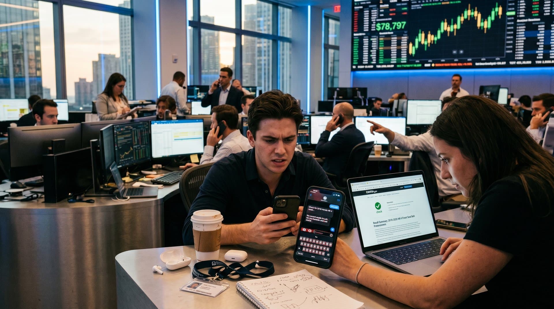 ChatGPT denying car recall beside NHTSA confirmation, rising Bitcoin chart, and cybersecurity shields in futuristic tech art.