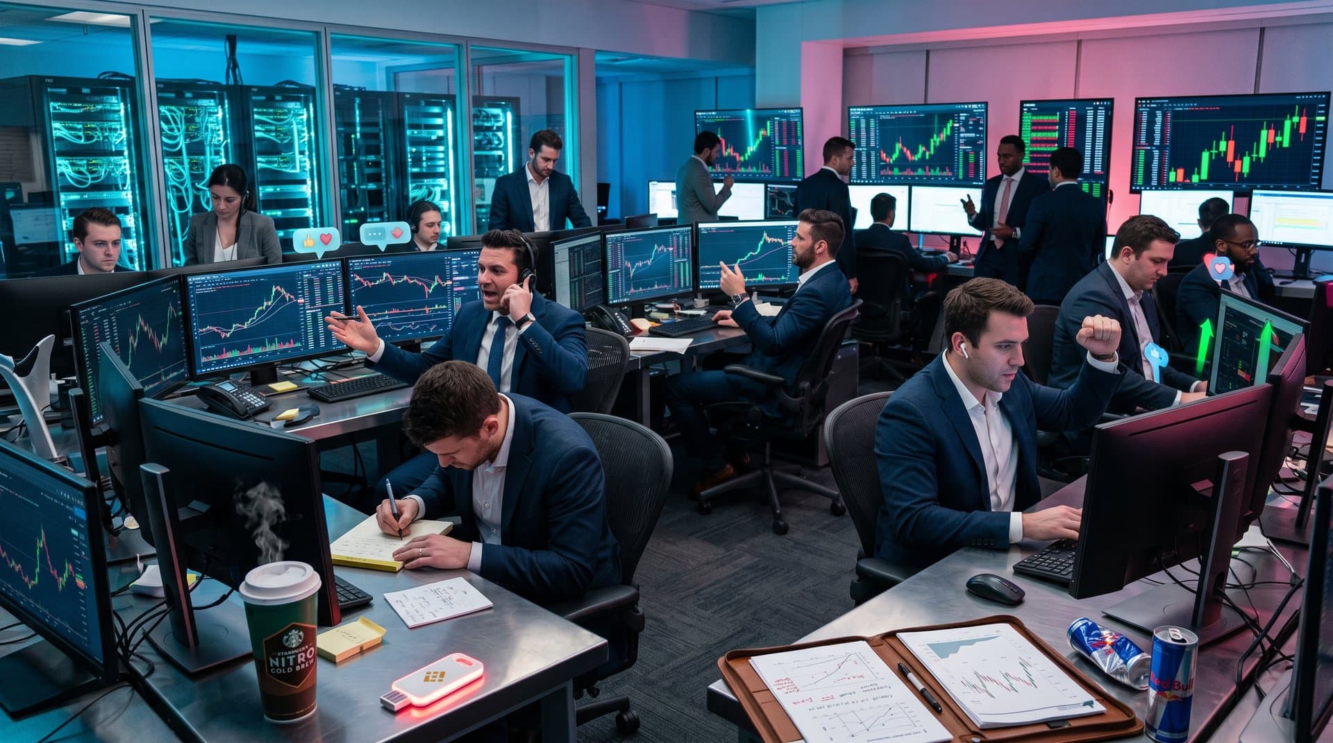 Abstract fintech screens show BTC at $79K, Fear & Greed 47, AI chat flattery overlays on crypto charts