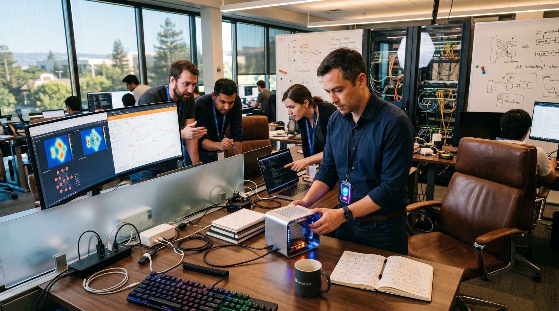 Engineers in Google DeepMind lab collaborate over AI edge prototypes and neural network screens amid modern high-tech setup