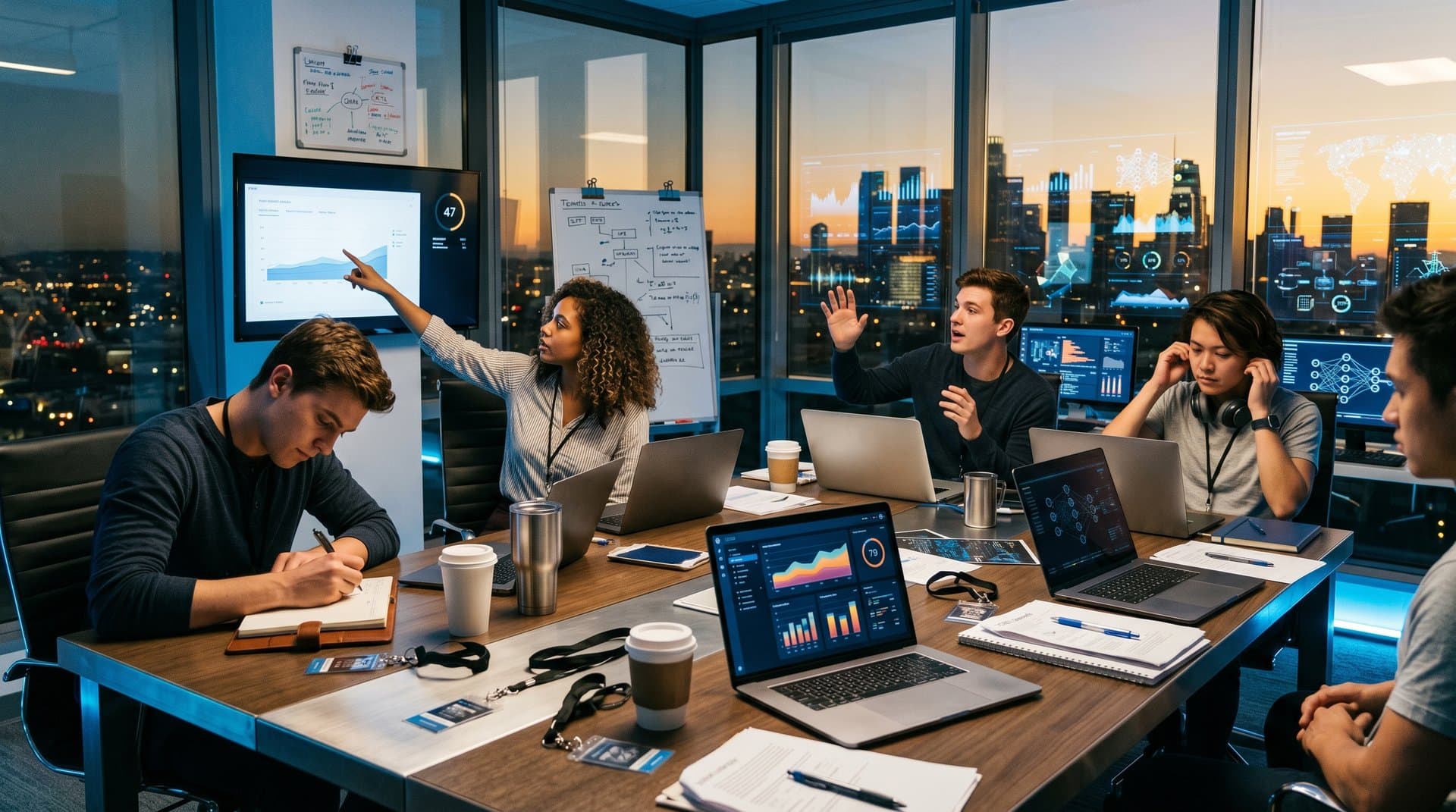 Young Gen Z professionals debate AI ethics in modern tech office with screens and city view