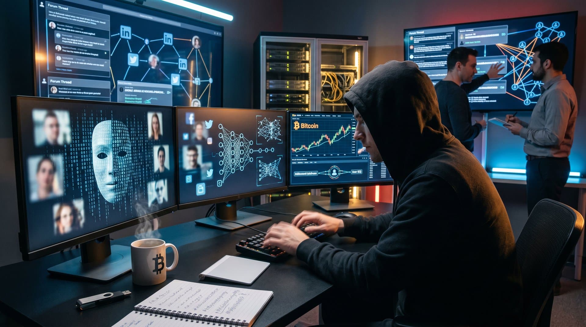 AI cracks digital mask revealing identity amid crypto charts and data streams