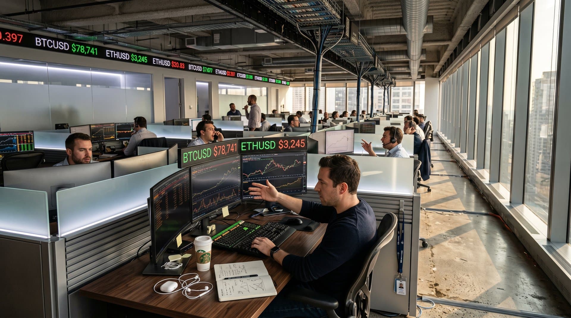 Trading desks with monitors showing BTC at $78,741 charts, coffee, keyboards in modern fintech office