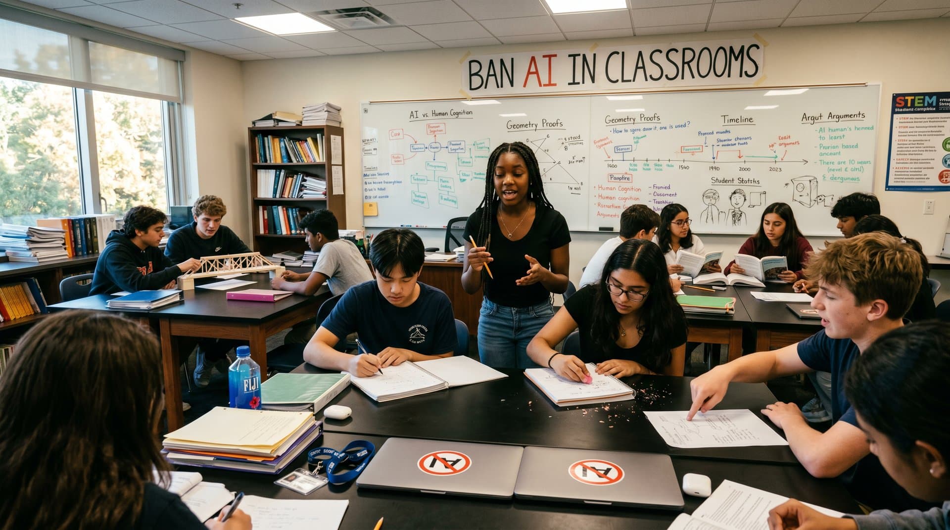 Classroom debate with AI ban symbols and fading cloud tech, focusing on student critical thinking