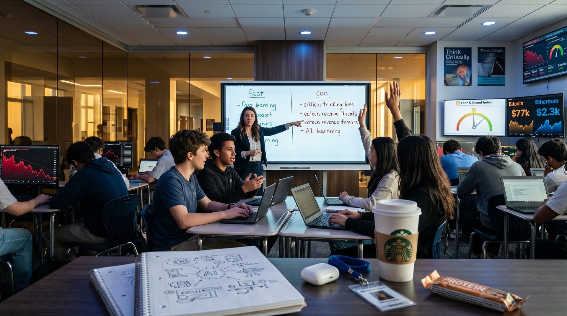 Classroom debate on Jonah Goldberg AI classrooms ban with teacher and students, whiteboard showing Fear & Greed Index at 47 and edtech charts