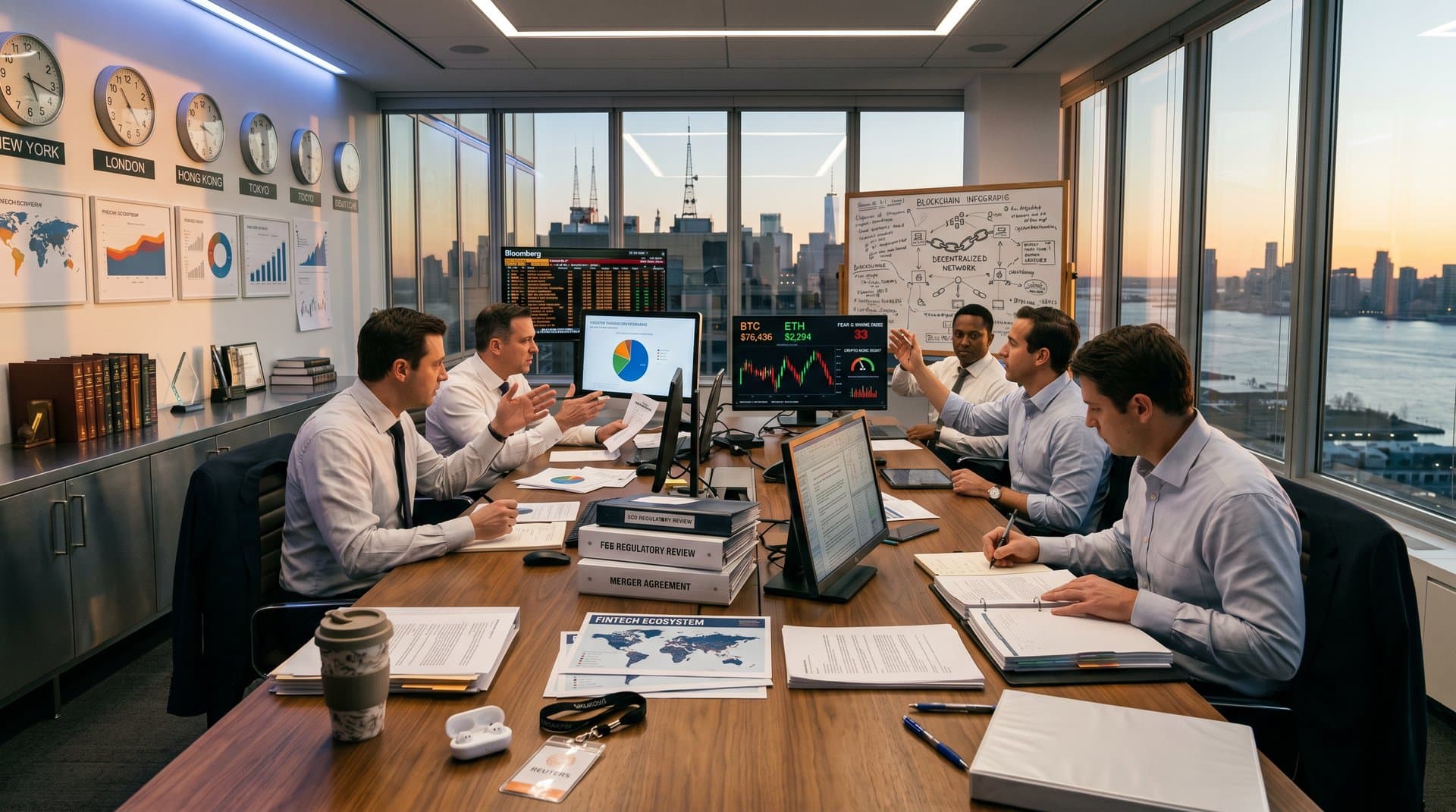 Conference room analysts review Paramount 49.5% foreign ownership chart on Bloomberg terminal with merger documents and city skyline