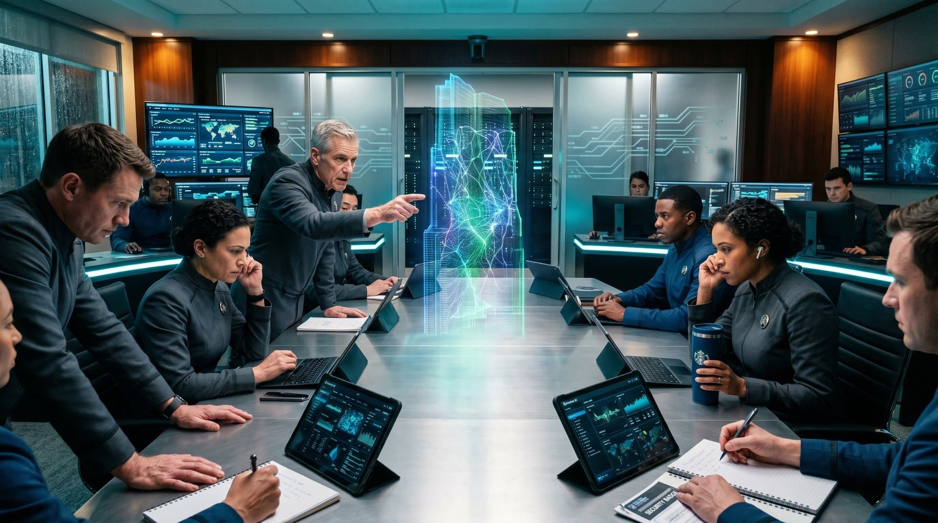 Futuristic command center with AI neural networks, cloud maps, and server racks representing Pentagon DOD Google AI expansion