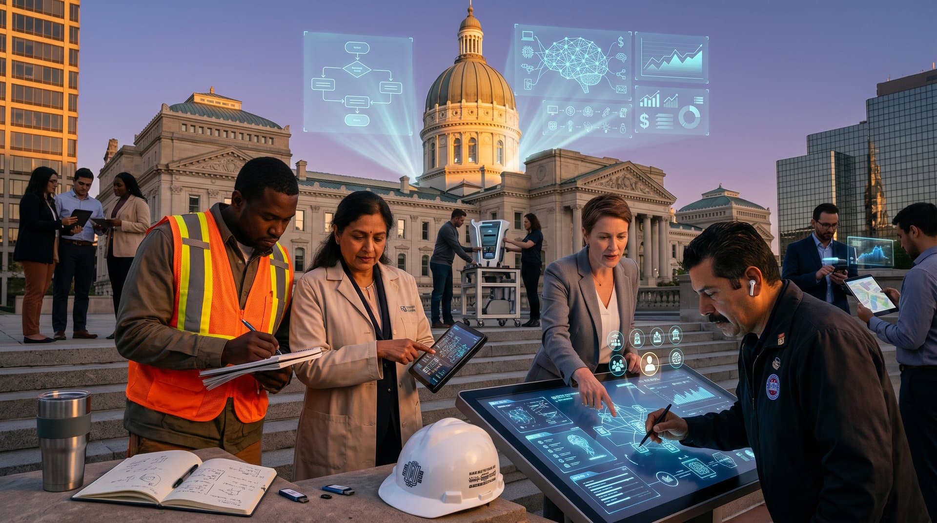 Indiana professionals discuss AI ethics outside capitol with holographic displays and tech overlays