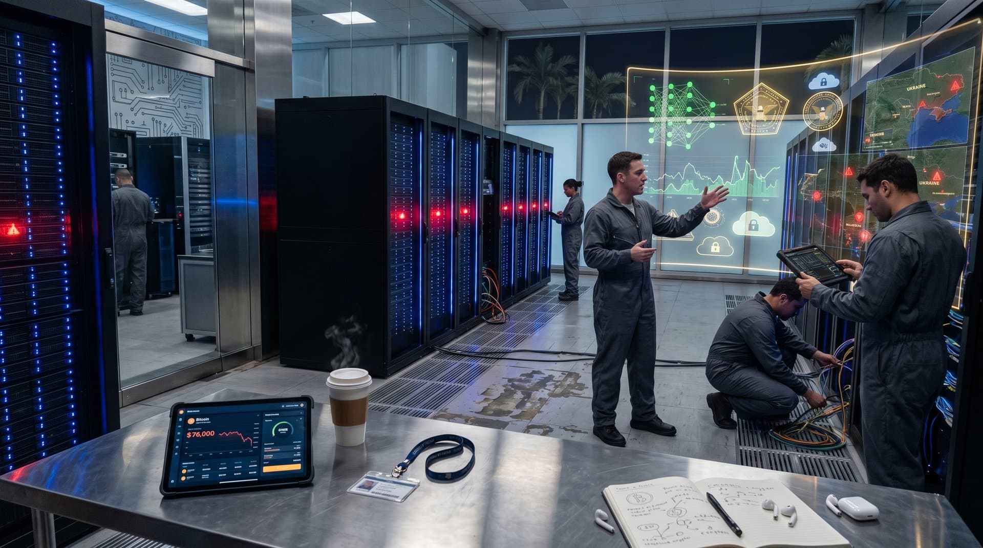 High-security data center with AI neural networks, cloud icons, and defense motifs on glowing screens amid server racks
