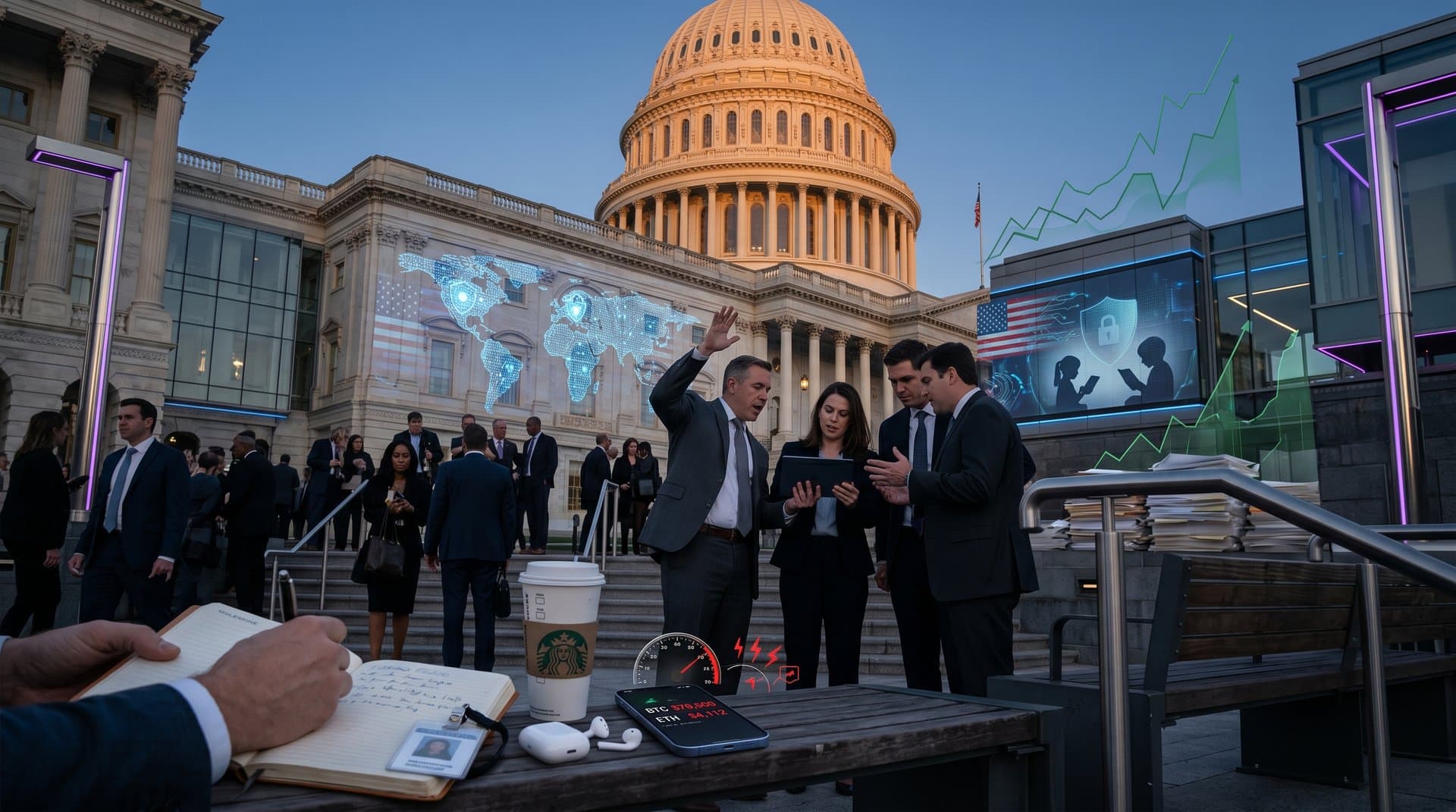 Digital US Capitol with AI networks, child safety shields, and Fear & Greed Index at 26 in tech policy style