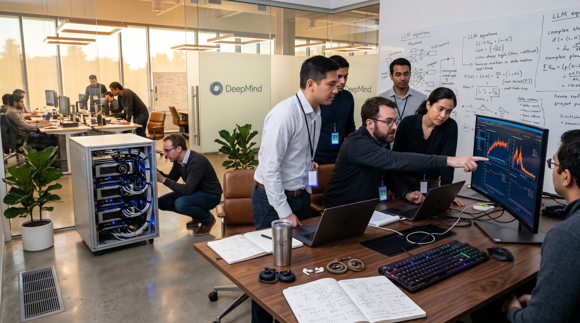 Engineers at desks with AI graphs on monitors, server racks glowing, glass partitions and windows in Google DeepMind lab