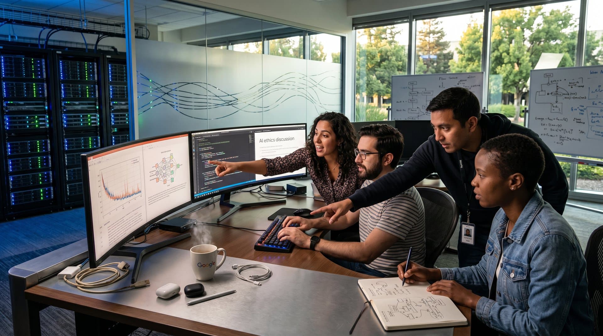 Engineers collaborate on AI ethics in modern Google lab with monitors showing neural networks and server racks