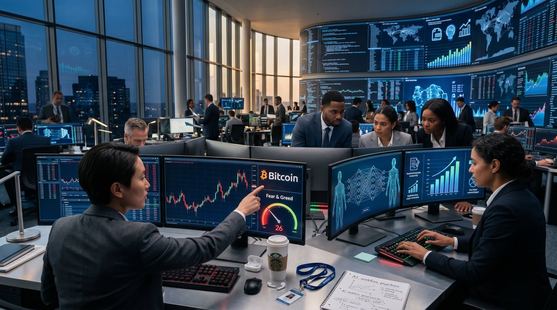 Neural networks evolving into AI workforce agents with crypto charts and Fear & Greed index in futuristic tech scene