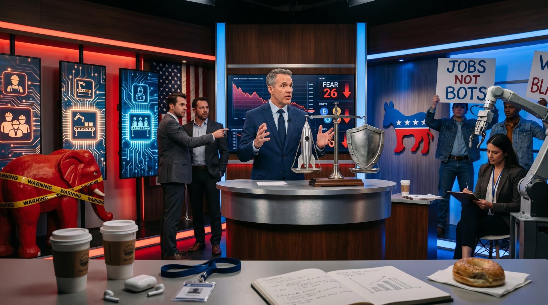 Bipartisan AI opposition cartoon with Bannon-Sanders symbols, crypto fear index, and policy scales