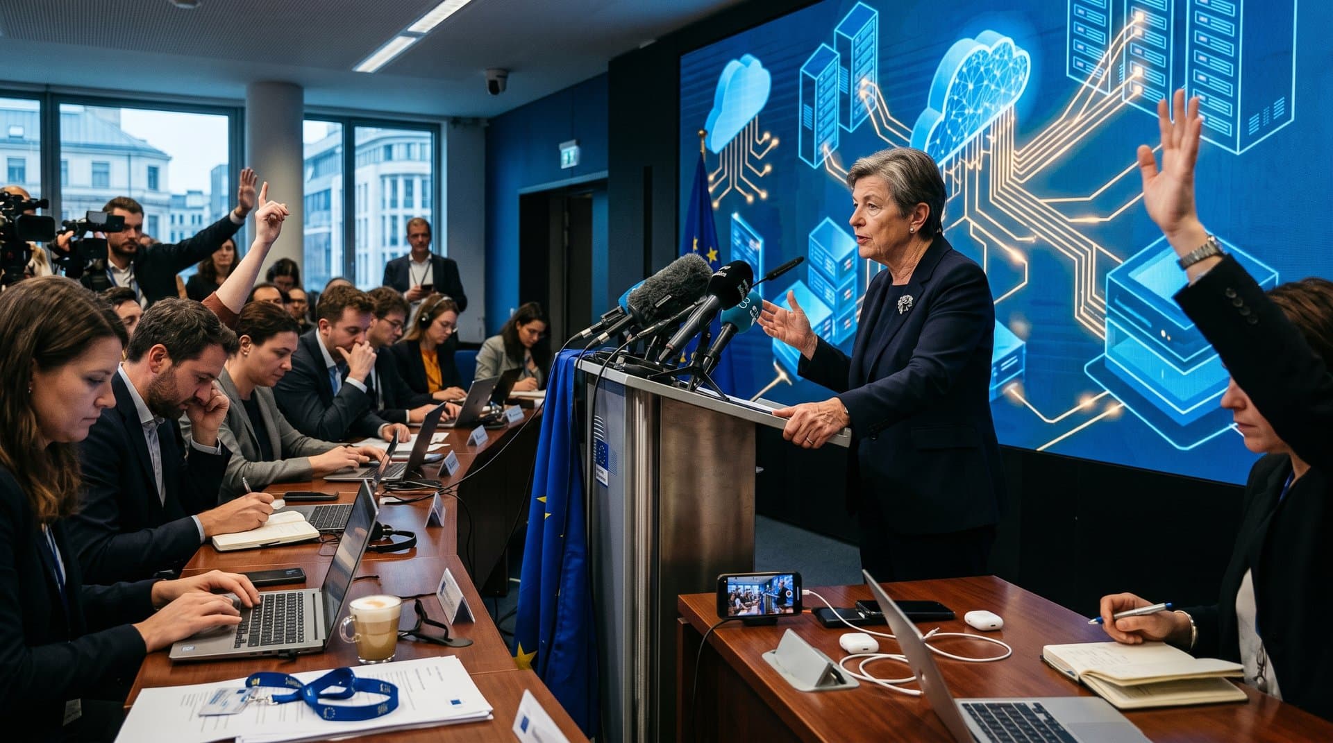 EU Commission briefing room podium with flag, screen showing cloud and AI graphics, journalists at desks with monitors and notebooks