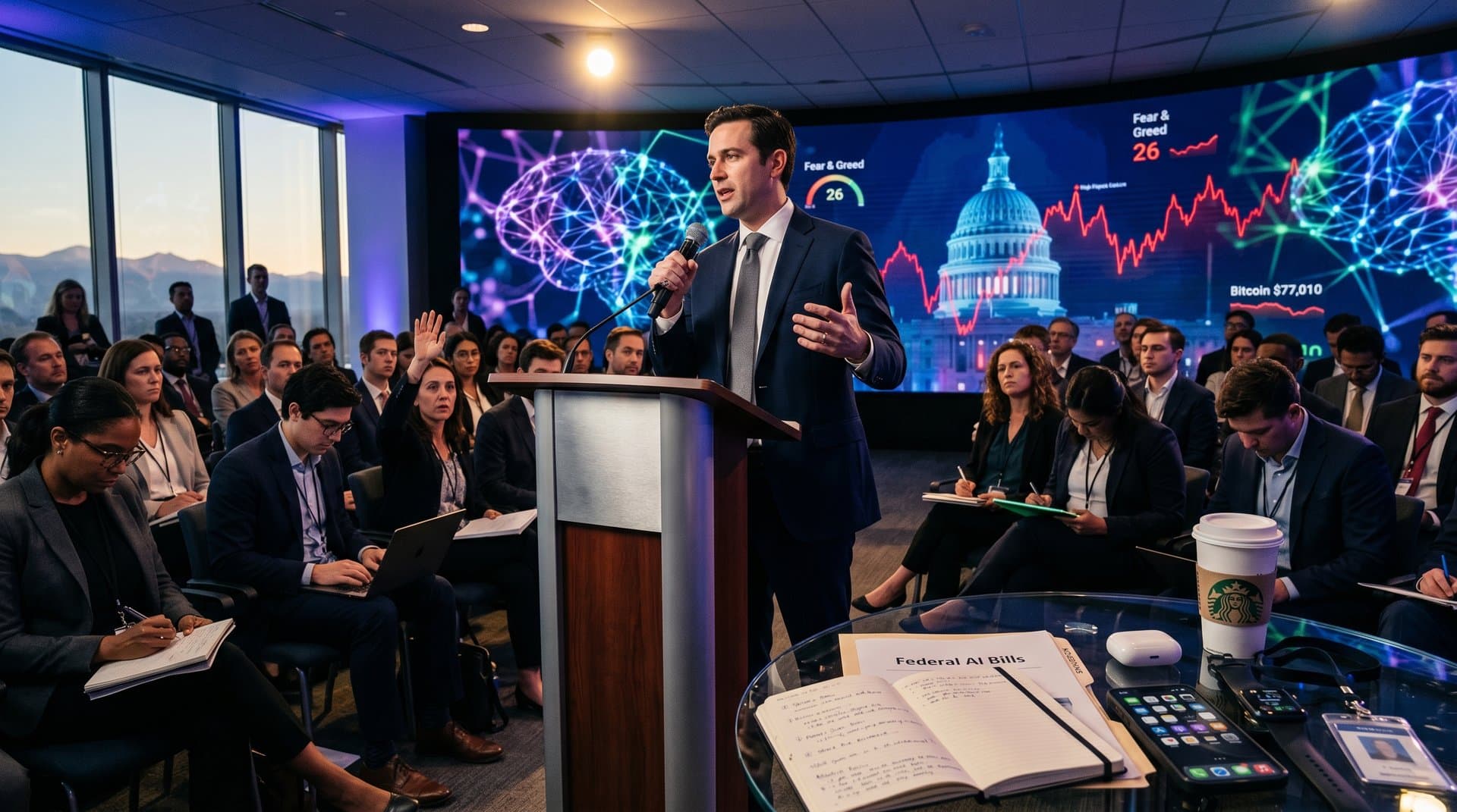 AI policy panel in modern auditorium with screens showing neural networks, Capitol, and crypto data, professionals discussing amid professional setup