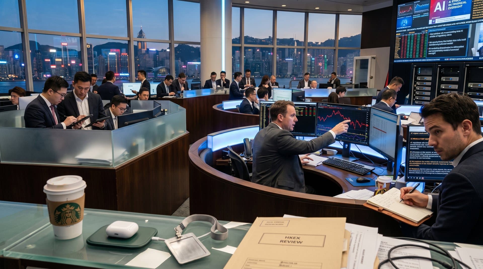 Modern trading floor with desks, monitors showing charts and AI data, glass partitions in Hong Kong finance setting