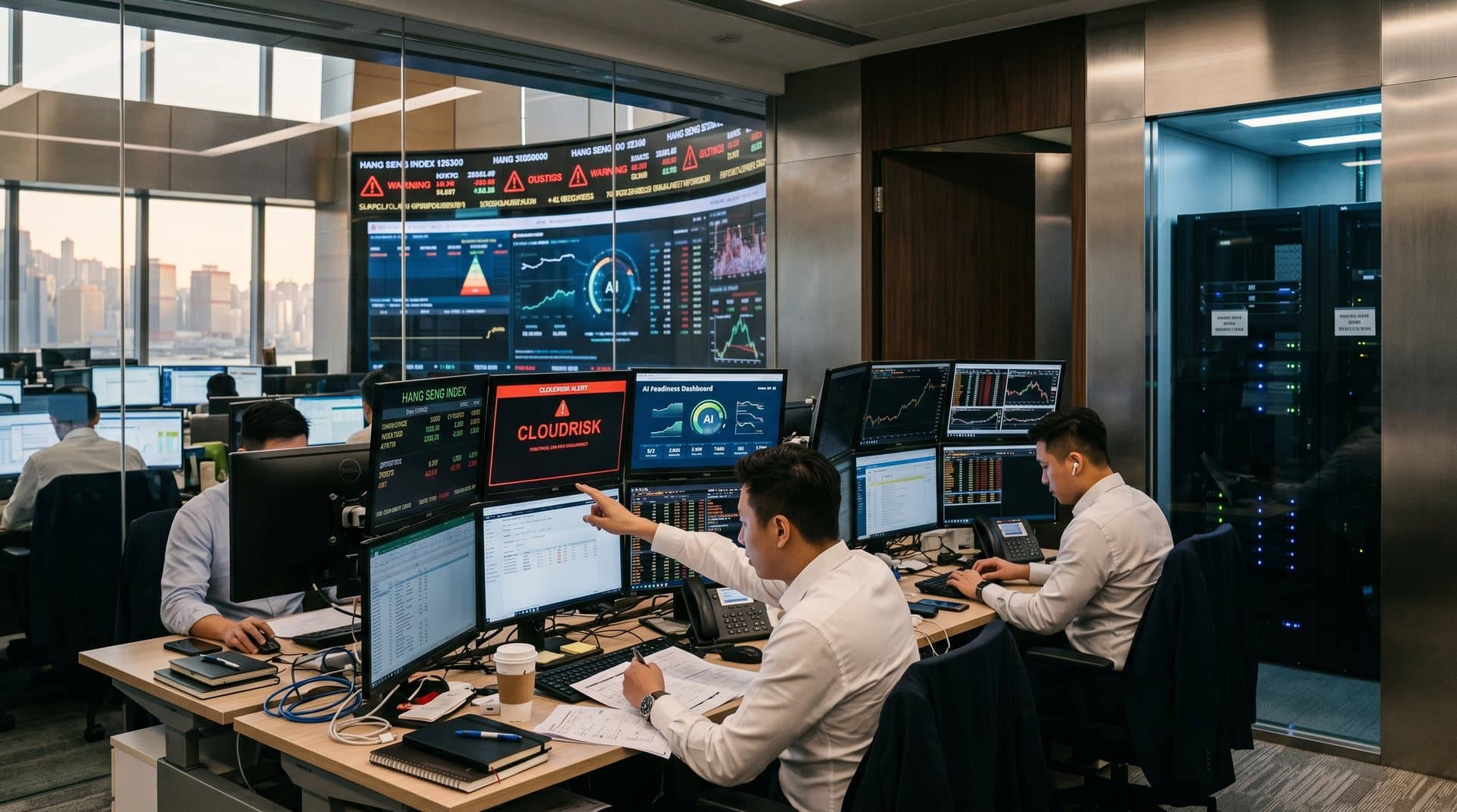 Secure Hong Kong trading floor with Bloomberg terminals, AI governance dashboards, and skyline view amid Claude AI ban