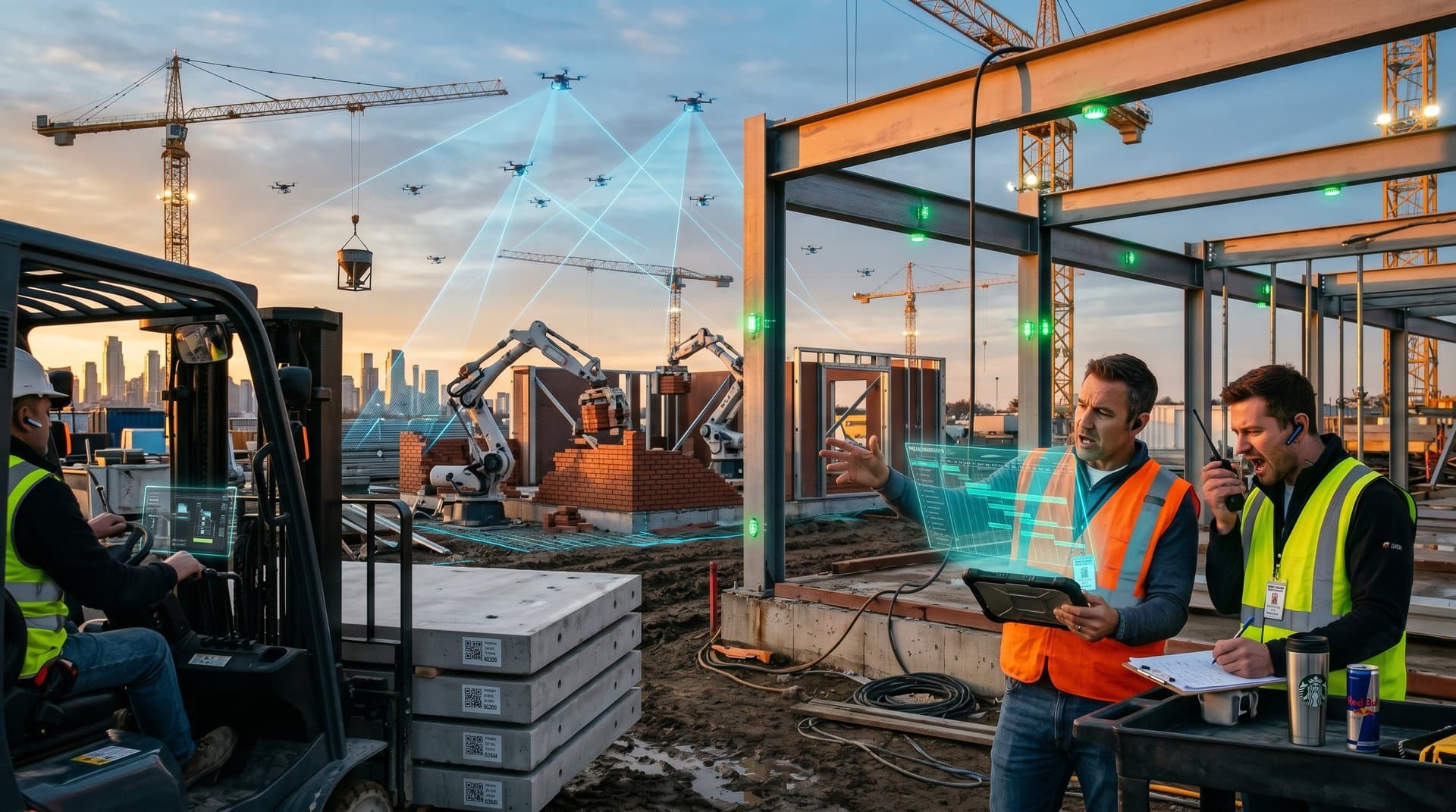 AI-powered construction site with drones, robots, and smart sensors building modular homes efficiently