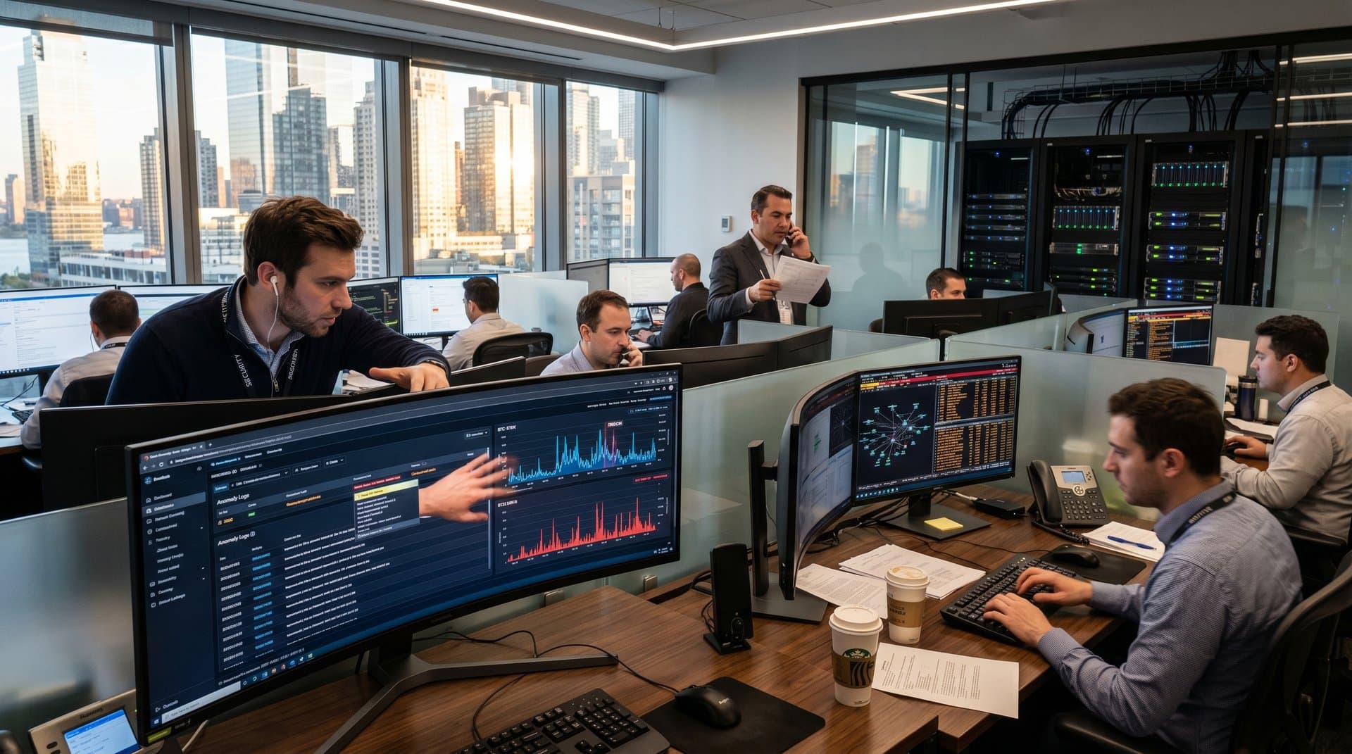 AI fraud detection dashboards and crypto charts in a high-tech compliance operations center with server racks and city skyline view