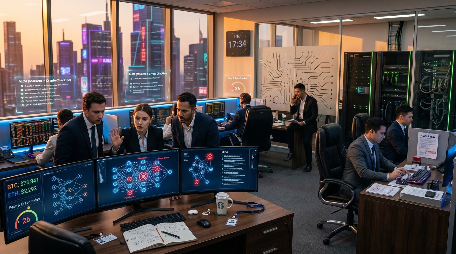 Futuristic fintech compliance dashboard with AI neural networks and crypto charts in high-tech operations center